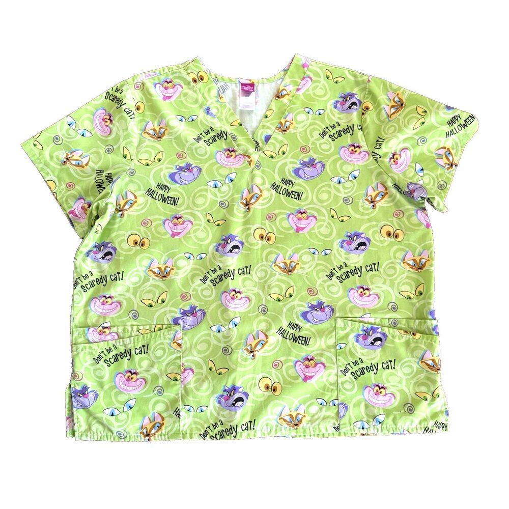 The Wonderful World of Disney Women’s 2XL Cheshire Cat Scrub Top Halloween Green
